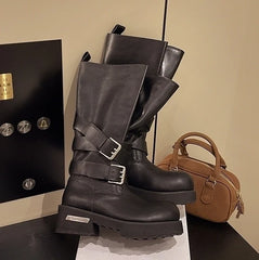 Leeseo Black Faux Tube Buckled Boots