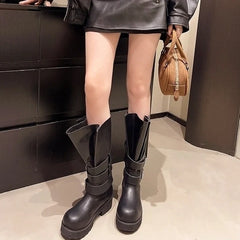 Leeseo Black Faux Tube Buckled Boots