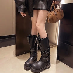 Leeseo Black Faux Tube Buckled Boots