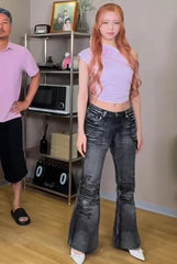 Yuna Black Wrinkled Flared Jeans