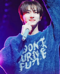 Jungwon Indigo “Don’t Burn Our Future” Knit Sweater