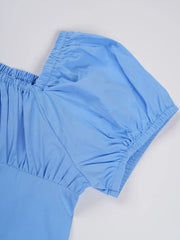 Minji Blue Gathered Off-Shoulder Top