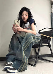 Winter Striped Wide Leg Jeans