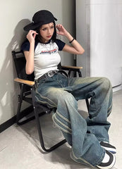 Winter Striped Wide Leg Jeans