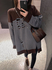 Jimin Mocha Striped Distressed Sweater