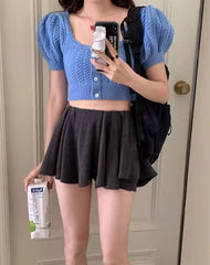 Danielle Blue Puff-Sleeve Knit Top
