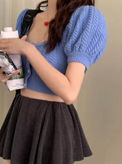 Danielle Blue Puff-Sleeve Knit Top