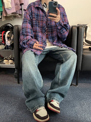 Jin Red Blue Plaid Oversized Shirt