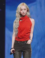 Winter Red Tie-Neck Sleeveless Top