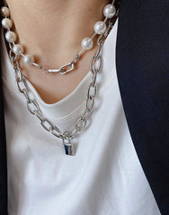Jimin Silver Chain Pearl Padlock Necklace