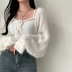 Winter Fuzzy Front-Tie Cropped Cardigan