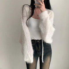 Winter Fuzzy Front-Tie Cropped Cardigan