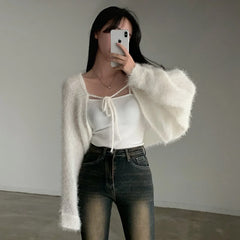 Winter Fuzzy Front-Tie Cropped Cardigan