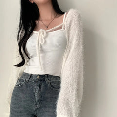 Winter Fuzzy Front-Tie Cropped Cardigan