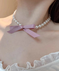 Wonyoung White Pearl Pink Bow Necklace