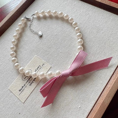 Wonyoung White Pearl Pink Bow Necklace