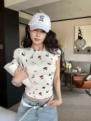 Rei White Puppy Print Fitted T-Shirt