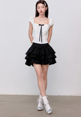 Chaeryeong White Square Neck Ribbon Top