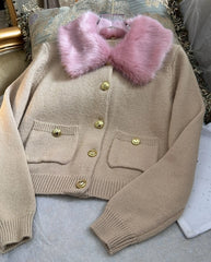 Wonyoung Brown Fur Collar Cardigan