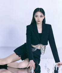 Yuna Black Crystal Chain Cropped Jacket