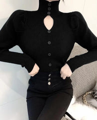 Yuna Black Cut-Out Puff Sleeve Top