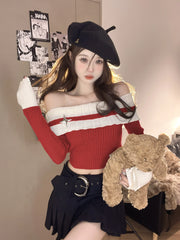 Pharita Red Off-Shoulder Knit Top
