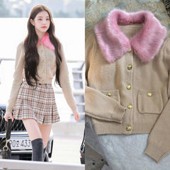 Wonyoung Brown Fur Collar Cardigan