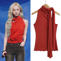 Winter Red Tie-Neck Sleeveless Top
