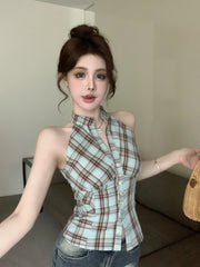 Rora Blue Plaid Halter Top