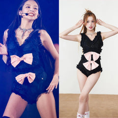 Jennie Black Lace-Trim Bow Bodysuit