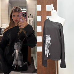Grey Cat Print One-Shoulder Long Sleeve Top | Lisa – BlackPink