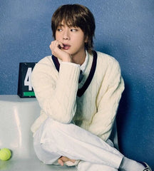 Beige Contrast-Trim V-Neck Sweater | Jin – BTS