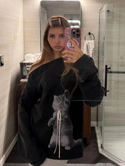 Grey Cat Print One-Shoulder Long Sleeve Top | Lisa – BlackPink