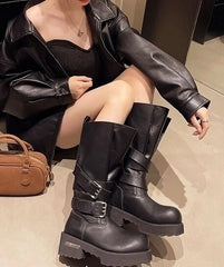 Leeseo Black Faux Tube Buckled Boots