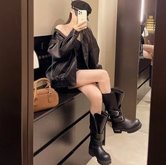 Leeseo Black Faux Tube Buckled Boots