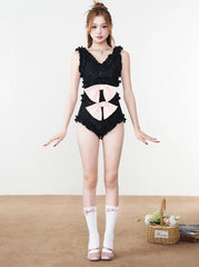 Jennie Black Lace-Trim Bow Bodysuit