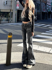 Yuna Black Wrinkled Flared Jeans