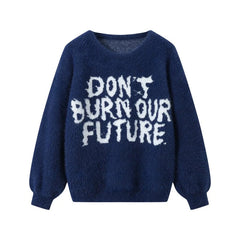 Jungwon Indigo “Don’t Burn Our Future” Knit Sweater