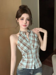 Rora Blue Plaid Halter Top