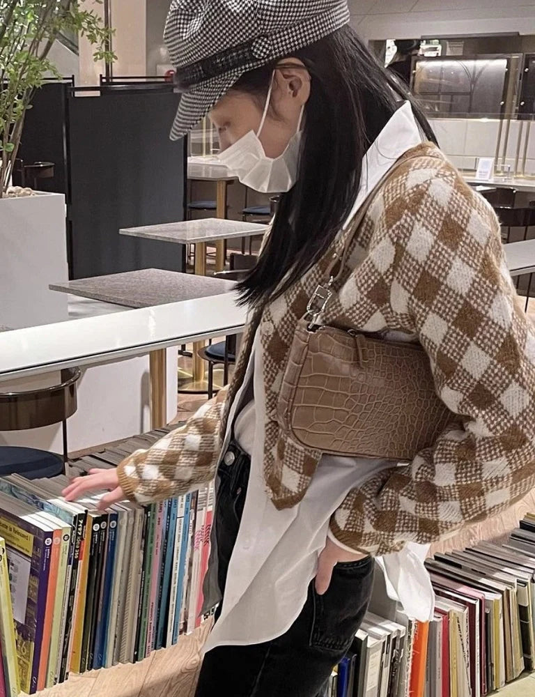 Brown Plaid Cropped Cardigan | Jennie – BlackPink