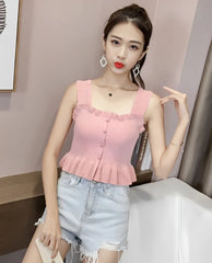 Pink Sleeveless Ruffled Knitted Top | Sakura – Le Sserafim