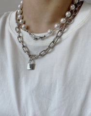Jimin Silver Chain Pearl Padlock Necklace