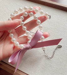 Wonyoung White Pearl Pink Bow Necklace