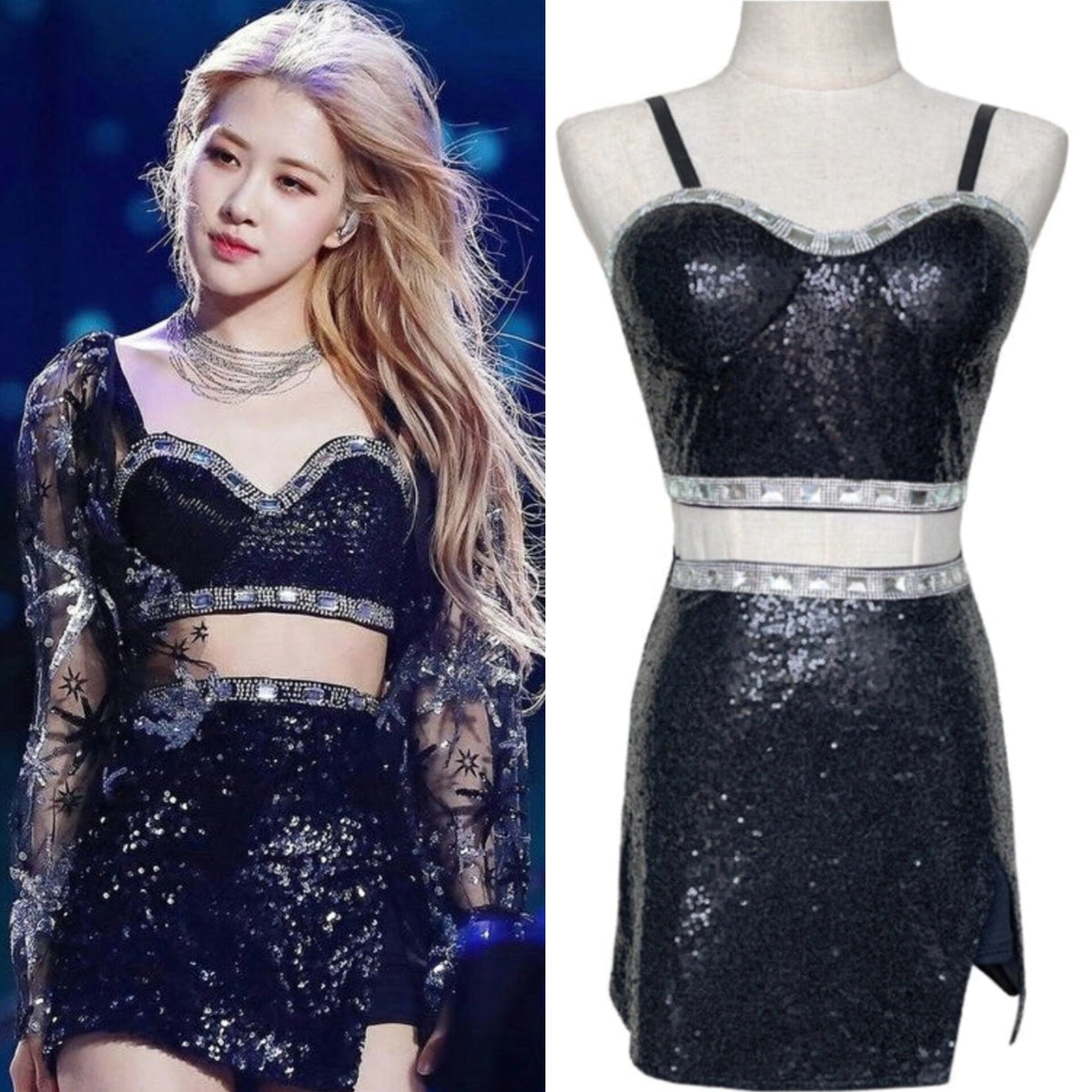 Rosé Sequin Bustier Skirt Set