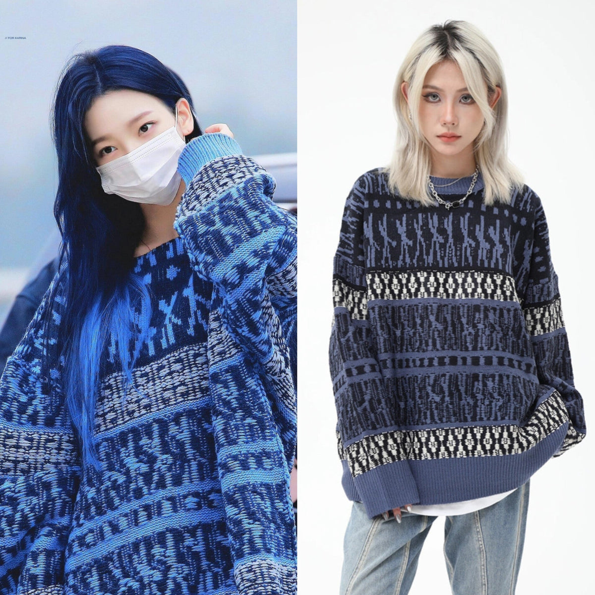 Karina Dark Blue Geometric Knit Sweater