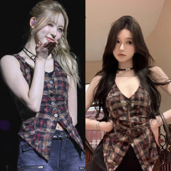 Red Vintage Plaid Halter Vest | Gaeul – IVE