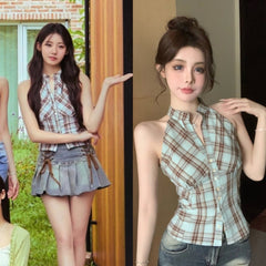 Rora Blue Plaid Halter Top