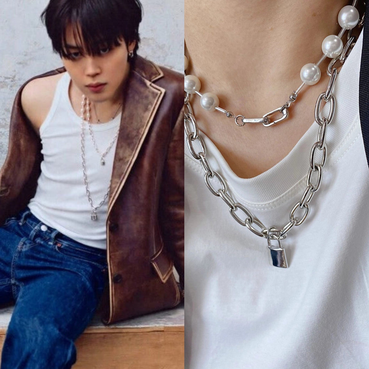 Jimin Silver Chain Pearl Padlock Necklace
